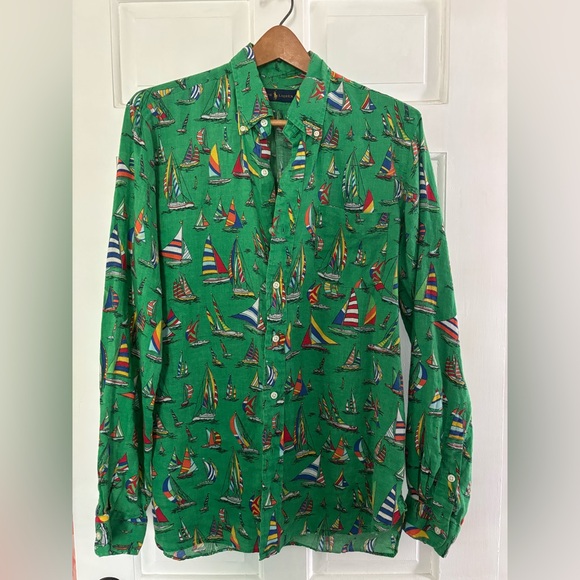 Ralph Lauren Shirt Mens Linen Sailboats Print Size L - Picture 3 of 7